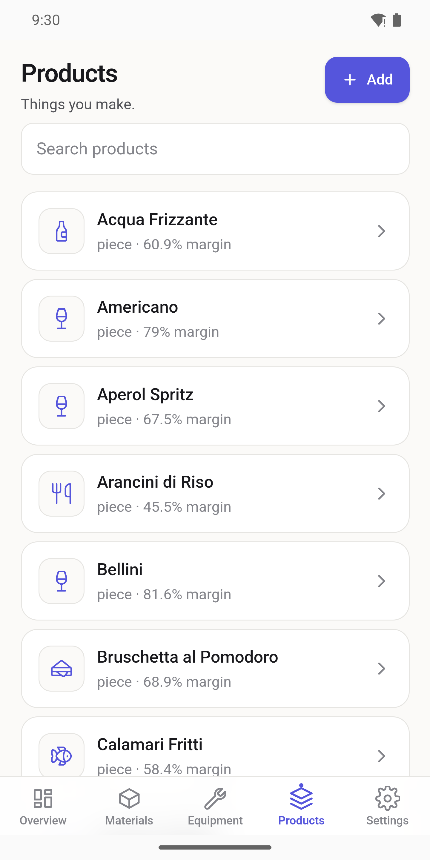Products list with margin per product