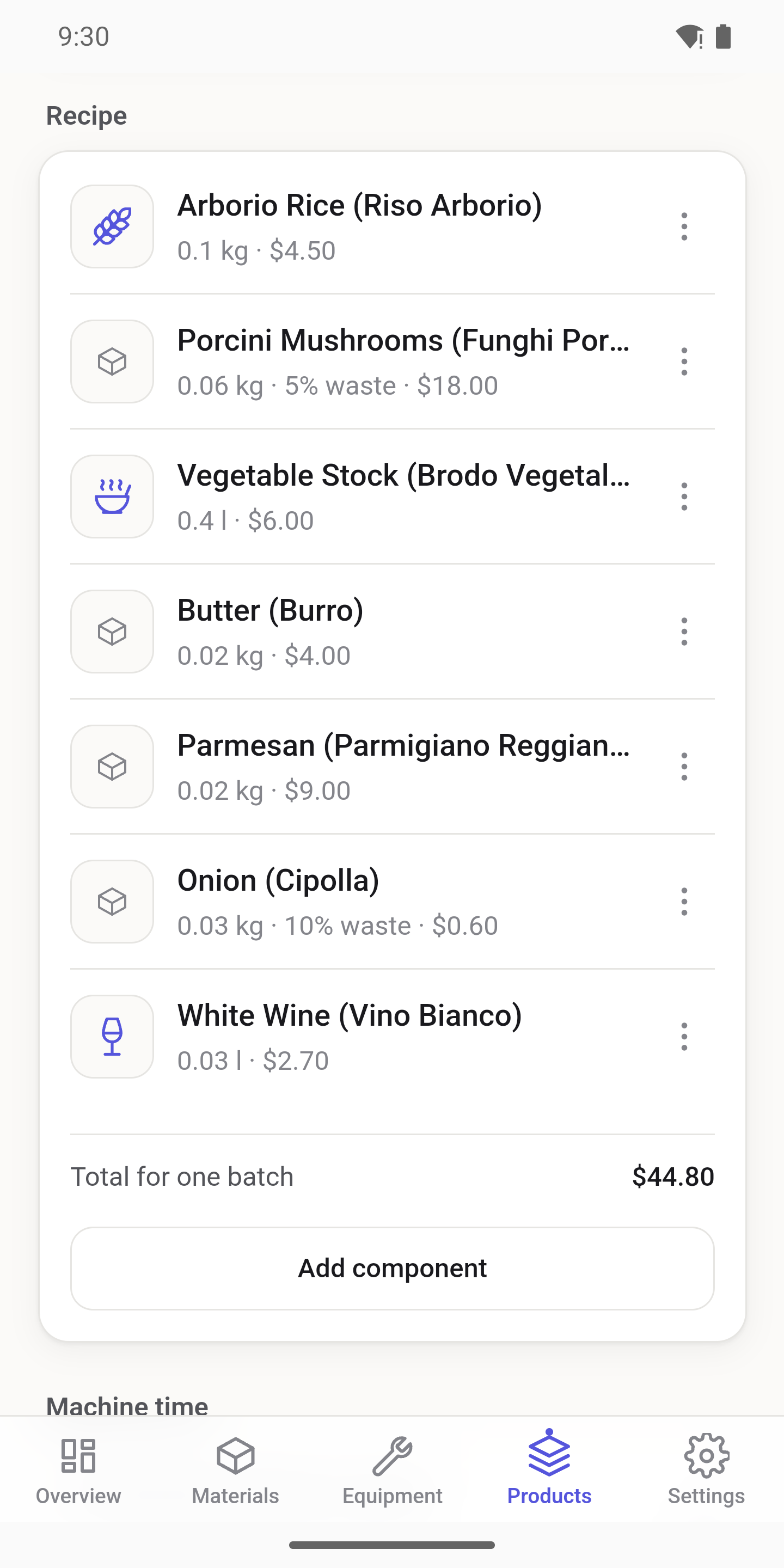 Recipe editor with ingredients, waste percentages, and batch total