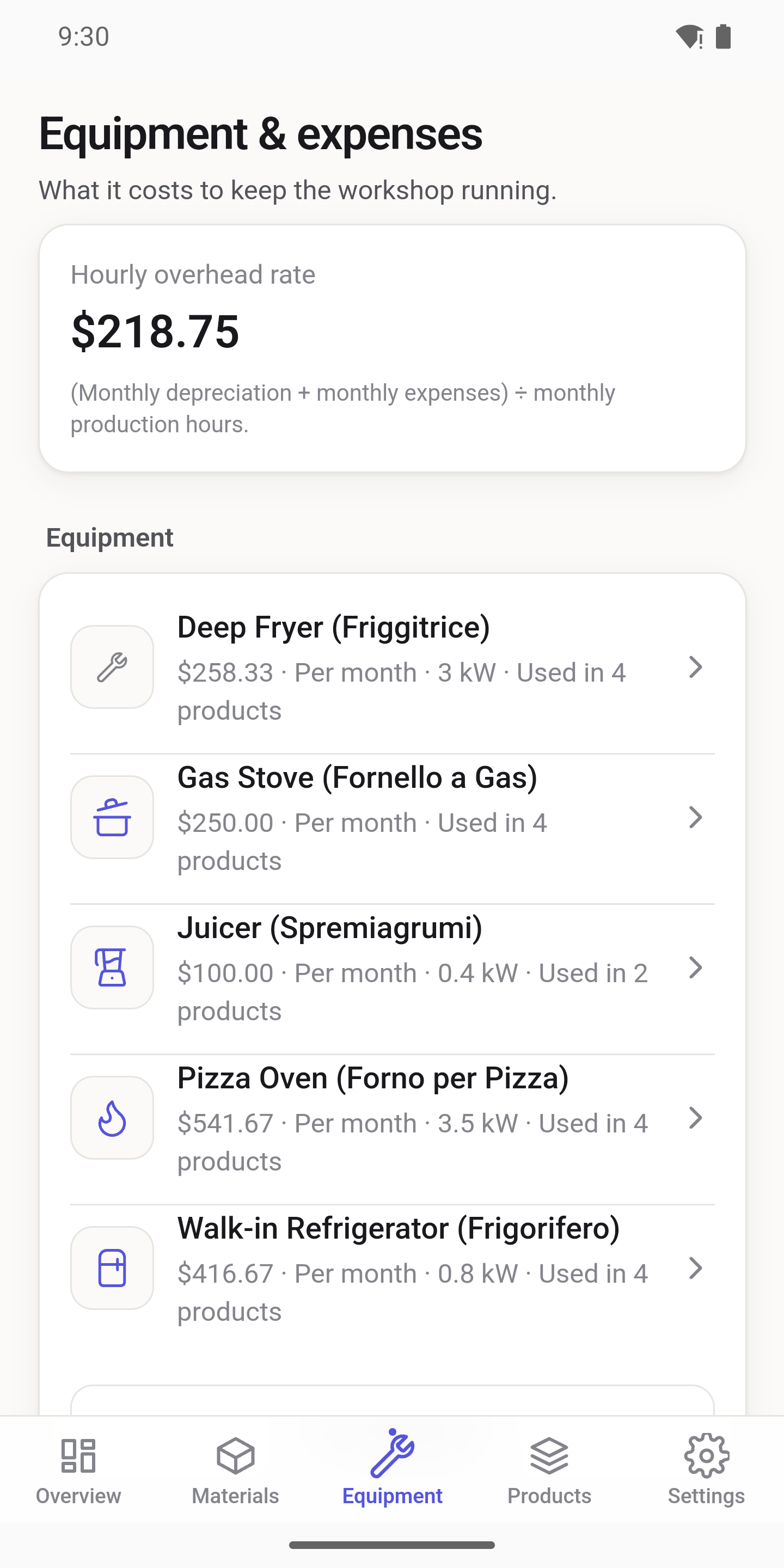 Equipment and expenses screen with hourly overhead rate and machine costs